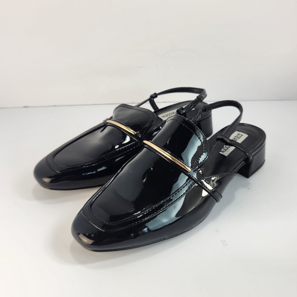 Steve Madden Women's 8.5M Black Patent Slingback Loafers Block Heel Dress Shoes‎